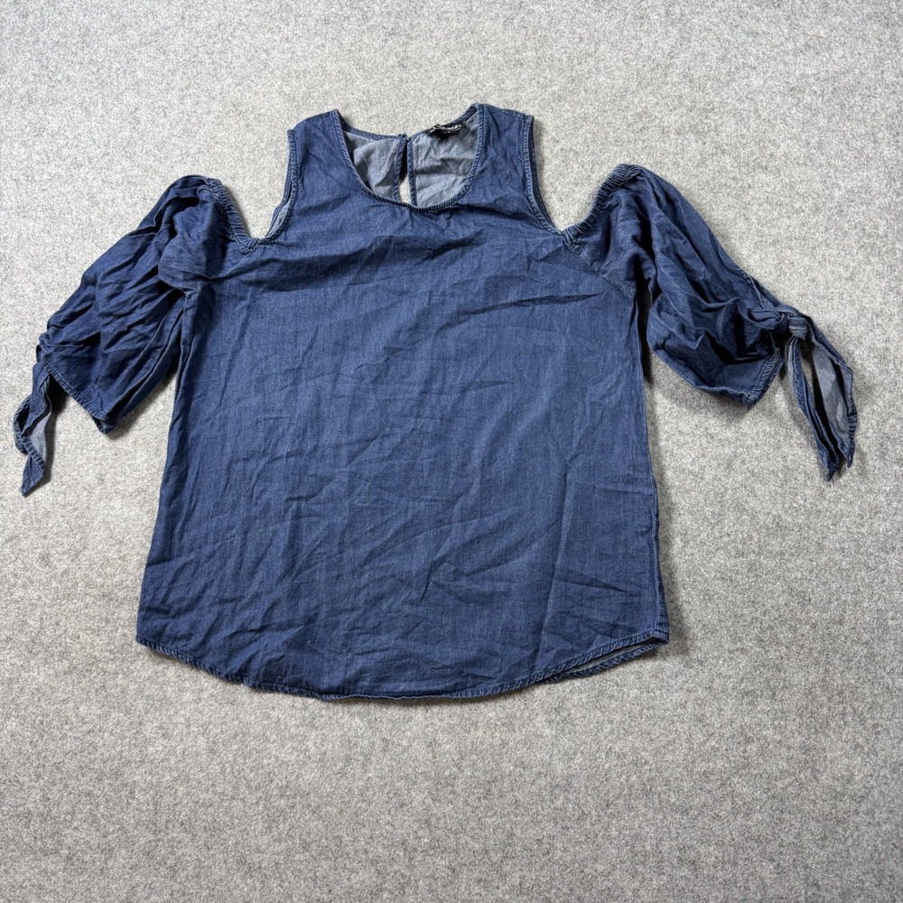 J for Justify Womens Cold Shoulder Denim Top Medium Blue Cotton Tie Sleeve